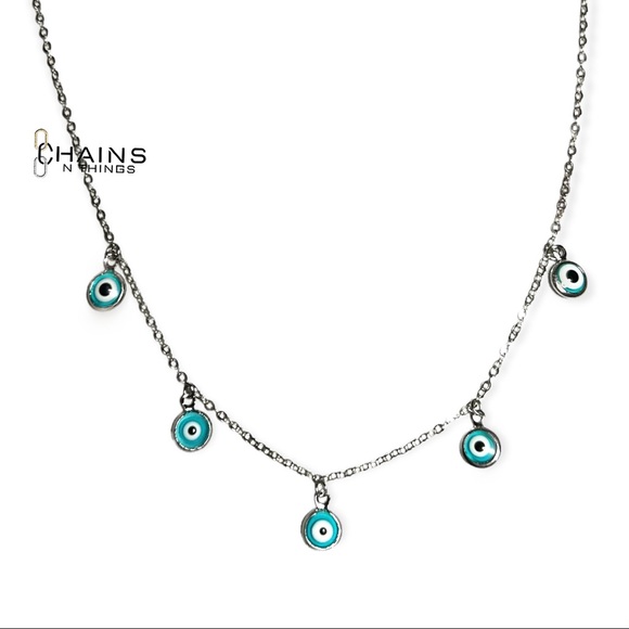 Blue Eyes Necklace silver plated 16" cable chain colorful boho Turkey style 🧿 - Picture 3 of 4